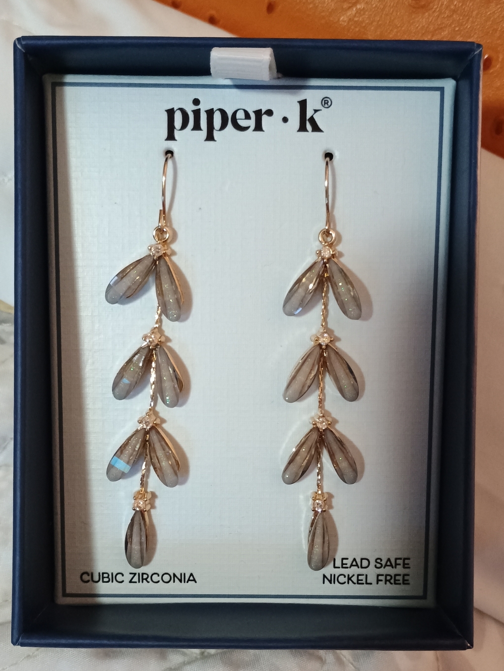 NWT Piper K Altar'd State Gold Leafy Dangle Earrings Cubic Zirconia NIB